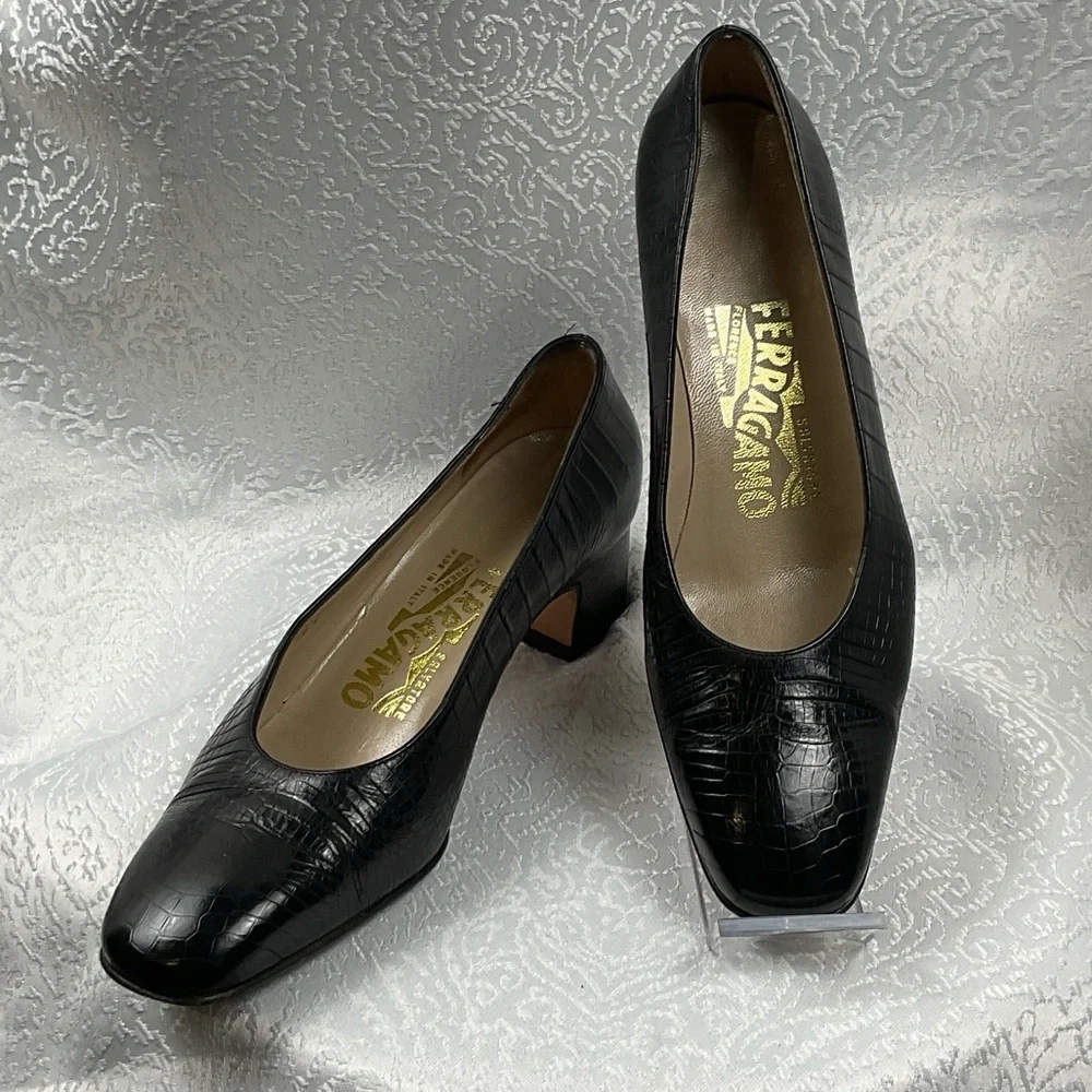 Salvatore Ferragamo Black‎ Croc-Embossed Heels